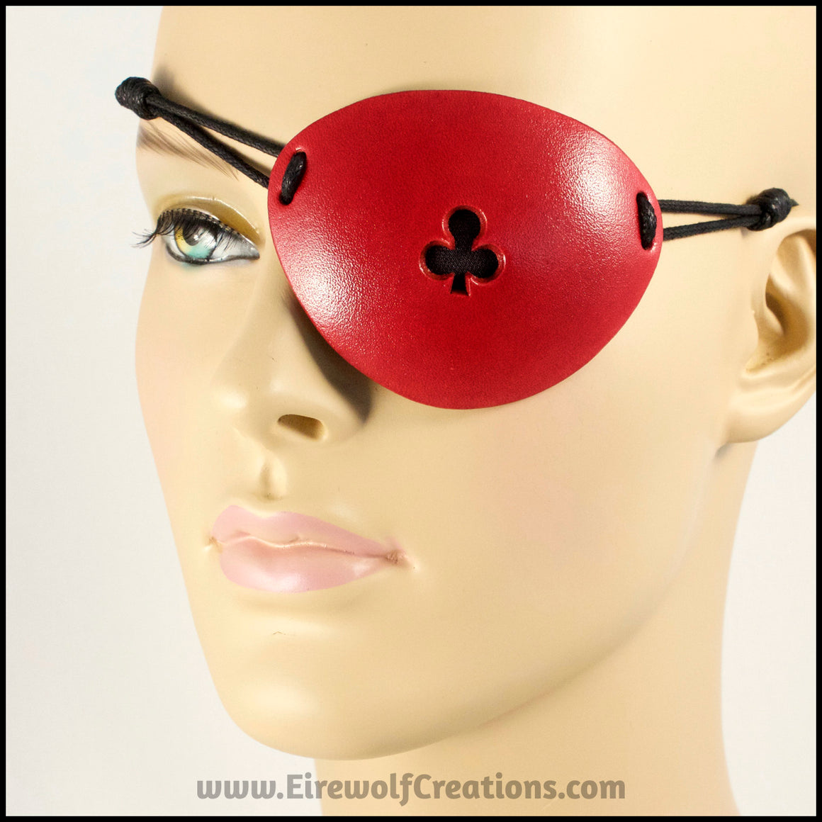 See-through Playing Card Eye Patches, red leather heart, diamond, club, or spade handmade masquerade, magician, larp, Halloween, or pirate cosplay costume