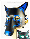 Spiral Wolf handmade leather masquerade mask with asymmetrical spiral designs, Mardi Gras or Halloween costume, blue or green on black