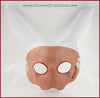 A handmade leather White Rabbit mask for a masquerade or Alice in Wonderland costume, painted white with red details around the eyes and nose. By Erin Metcalf of Eirewolf Creations.