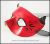 A handmade leather Horned Red Devil mask for a masquerade costume, with small black horns and black hot rod style flames. By Erin Metcalf of Eirewolf Creations.