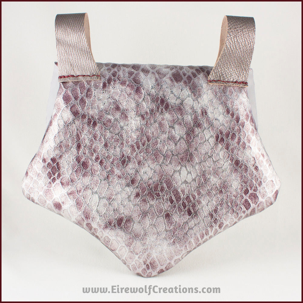 Handmade leather belt pouches in a medieval style with a scaled dragon skin texture, in purple or silver colors. Back view. By Erin Metcalf of Eirewolf Creations.