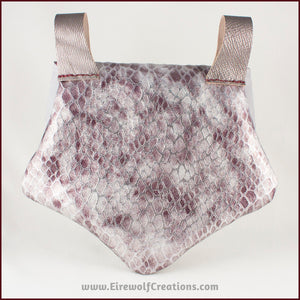Handmade leather belt pouches in a medieval style with a scaled dragon skin texture, in purple or silver colors. Back view. By Erin Metcalf of Eirewolf Creations.