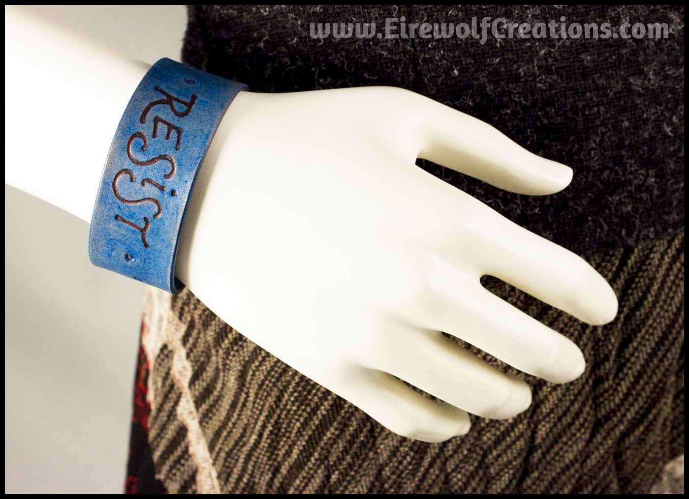 RESIST leather bracelet 1-inch handmade snap cuff with pyrography lettering resistance jewelry
