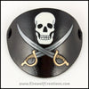 A handmade leather carved and painted skull and swords Jolly Roger eye patch, for a masquerade costume or pirate cosplay. By Erin Metcalf of Eirewolf Creations.