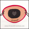 A handmade leather dyed red eye patch with a heart cut out, backed with transparent black fabric to allow some visibility, for a masquerade costume or pirate cosplay. By Erin Metcalf of Eirewolf Creations.