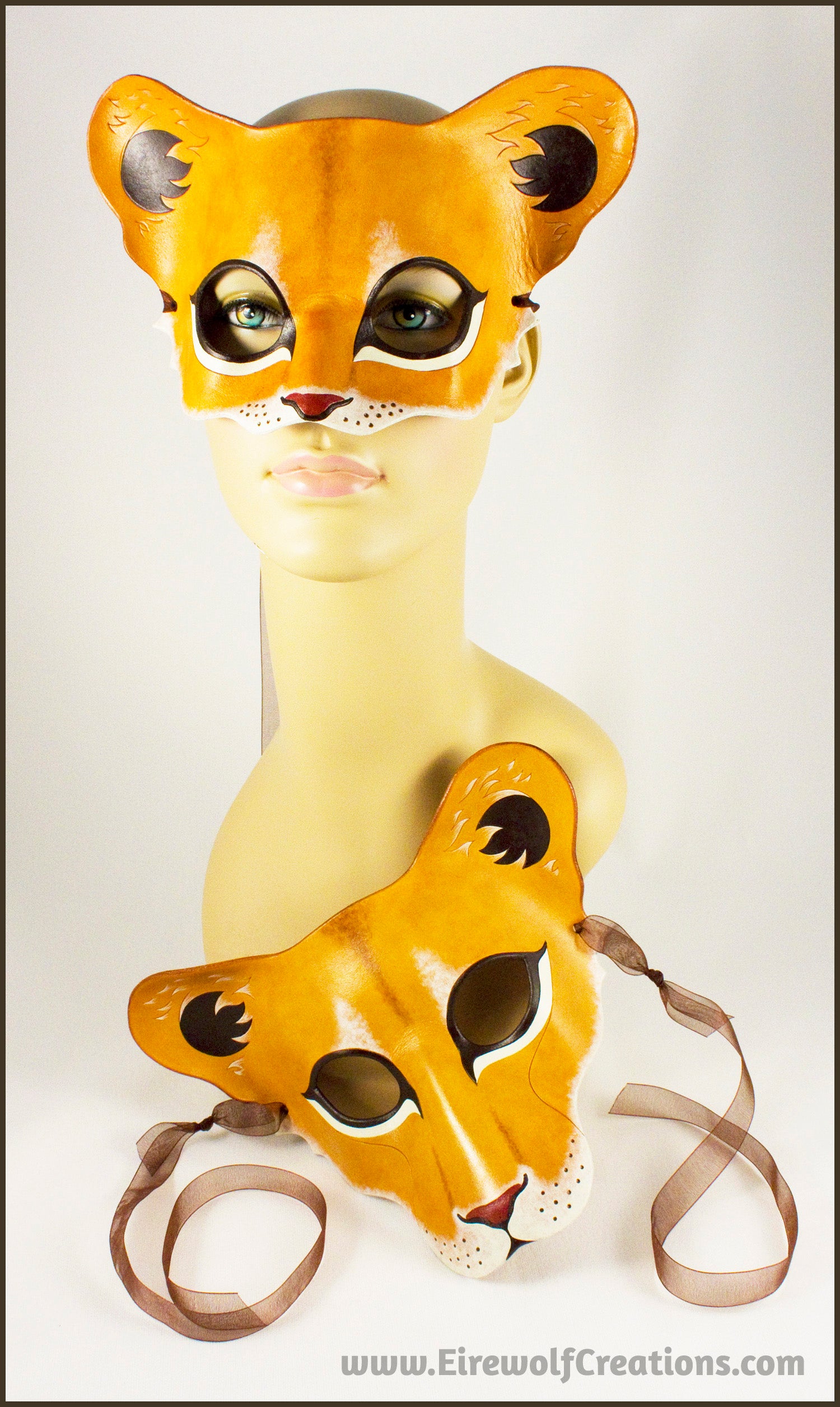 Lioness mask, handmade leather lion wild cat mask for Halloween, Lion King theater, Mardi Gras, masquerade costume