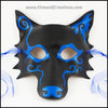 Spiral Wolf handmade leather masquerade mask with asymmetrical spiral designs, Mardi Gras or Halloween costume, blue or green on black