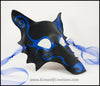 Spiral Wolf handmade leather masquerade mask with asymmetrical spiral designs, Mardi Gras or Halloween costume, blue or green on black