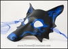 Spiral Wolf handmade leather masquerade mask with asymmetrical spiral designs, Mardi Gras or Halloween costume, blue or green on black