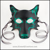 Spiral Wolf handmade leather masquerade mask with asymmetrical spiral designs, Mardi Gras or Halloween costume, blue or green on black