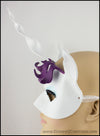 Cartoon Unicorn Rarity mask, handmade from leather for a masquerade costume or My Little Pony cosplay. By Erin Metcalf of Eirewolf Creations.