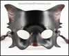 A handmade black cat leather masquerade mask with dark red nose and inner ears. By Erin Metcalf of Eirewolf Creations.