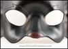 A handmade black cat leather masquerade mask with dark red nose and inner ears. By Erin Metcalf of Eirewolf Creations.