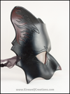 A handmade black cat leather masquerade mask with dark red nose and inner ears. By Erin Metcalf of Eirewolf Creations.