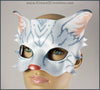 A handmade leather silver-gray tabby cat mask for a masquerade costume, with handpainted stripes, a dark pink nose and light pink inner ears. By Erin Metcalf of Eirewolf Creations.