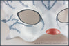 A handmade leather silver-gray tabby cat mask for a masquerade costume, with handpainted stripes, a dark pink nose and light pink inner ears. By Erin Metcalf of Eirewolf Creations.