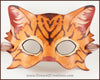 A handmade leather tabby cat mask for a masquerade costume, light brown with handpainted dark brown stripes and a dark pink nose and inner ears. By Erin Metcalf of Eirewolf Creations.