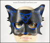 Celtic Cat mask, Blue and Black handmade leather masquerade mask with cabochon, kitty cat costume for Halloween, Mardi Gras or fantasy LARP