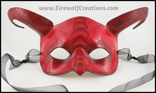 Scaled red dragon masquerade costume half mask with curving horns. By Erin Metcalf of Eirewolf Creations.