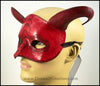 Scaled red dragon masquerade costume half mask with curving horns. By Erin Metcalf of Eirewolf Creations.