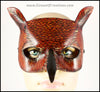 A Great Horned Owl handmade leather masquerade costume mask, dyed dark brown and carved and painted with feather details. By Erin Metcalf of Eirewolf Creations.