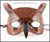 A Great Horned Owl handmade leather masquerade costume mask, dyed dark brown and carved and painted with feather details. By Erin Metcalf of Eirewolf Creations.