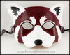 A handmade leather Red Panda masquerade mask with bold facial markings carved and painted on the leather. By Erin Metcalf of Eirewolf Creations.