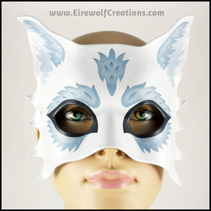 Silver Wolf half mask for a masquerade costume, handmade from leather and painted white with silvery fur details. By Erin Metcalf of Eirewolf Creations.
