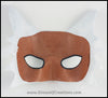 Silver Wolf half mask for a masquerade costume, handmade from leather and painted white with silvery fur details. By Erin Metcalf of Eirewolf Creations.