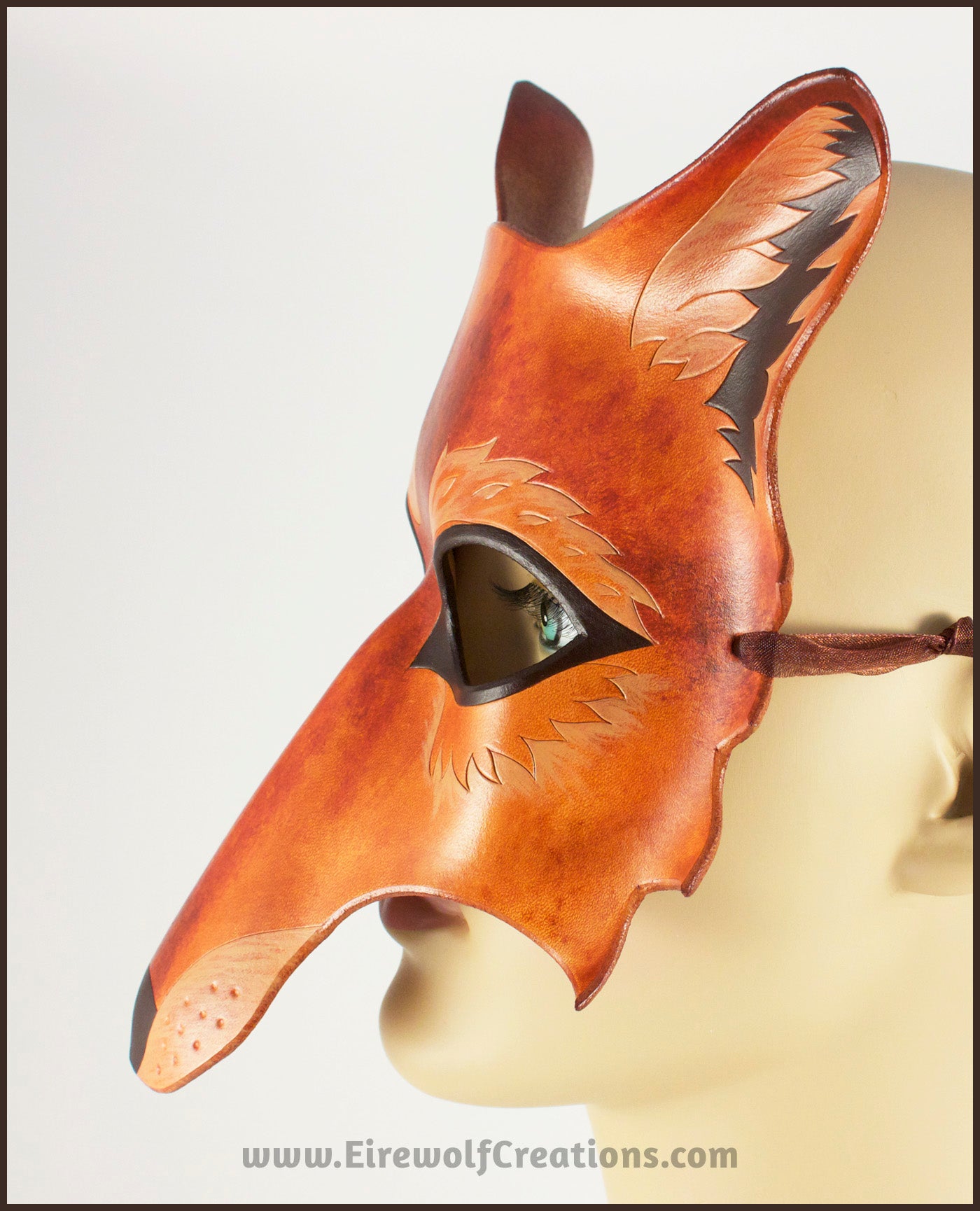 Wolf mask handmade leather masquerade costume brown Hallowe Eirewolf Creations